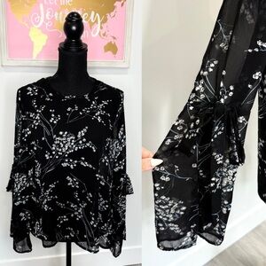 Cloud Chaser Sheer Black Floral Blouse with Tie Sleeves (L)